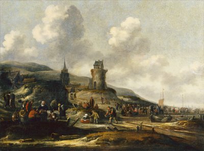 Uma vista de Scheveningen com pescadores vendendo suas capturas de Thomas Heeremans