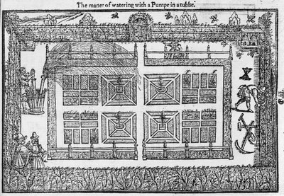 O maner de regar com um pumpe em um tubbe, de The Gardeners Labyrinth, 1577 de Thomas Hill