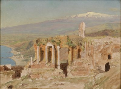 Vista das Ruínas do Teatro Grego de Taormina e do Monte Etna, Sicília de Thomas Hiram Hotchkiss