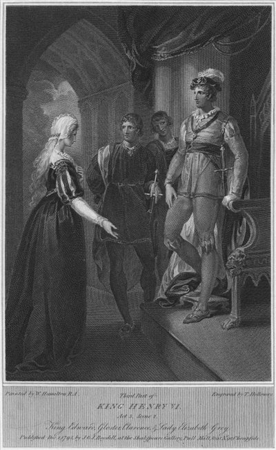 Terceira parte do rei Henrique VI. Ato 3. Cena 2. Rei Edward, Gloucester, Clarence e Lady Elizabeth Gre de Thomas Holloway