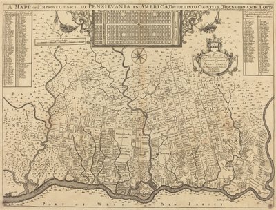 Um mapa de vocês melhorou parte da Pensilvânia na América, dividida em condados, municípios e lotes de Thomas Holme
