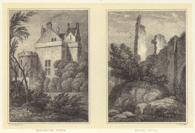 Merchiston Tower; Castelo de Roslyn (gravura) de Thomas Hosmer (after) Shepherd