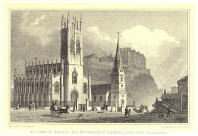 Capela de São João, Igreja de São Cutelo e Nova Caserna (gravura) de Thomas Hosmer (after) Shepherd