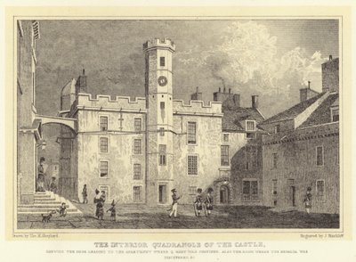 O Quadrilátero Interior do Castelo, abrindo a porta que conduz ao apartamento onde estava confinada a Rainha Maria, também a sala onde foi descoberto o Regalia etc. (gravura) de Thomas Hosmer (after) Shepherd