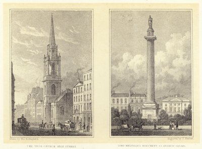 A Igreja Tron, High Street; Monumento do Senhor Melville, Praça de Santo André (gravura) de Thomas Hosmer (after) Shepherd