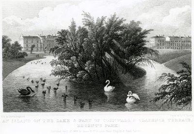 Uma ilha no lago e parte da Cornualha e Clarence Terrace, Regent&39;s Park de Thomas Hosmer Shepherd