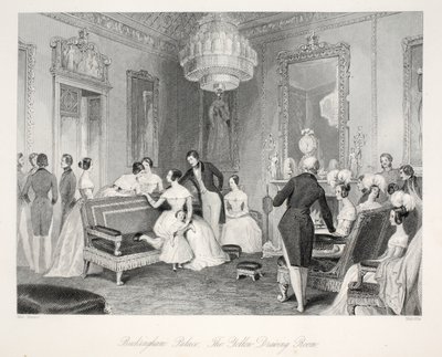 Palácio de Buckingham, a sala de desenho amarelo, do pub &39;London Interiors with their Costumes and Ceremonies&39;. Joseph Mead, Londres, c.1843 (gravura em aço) de Thomas Hosmer Shepherd