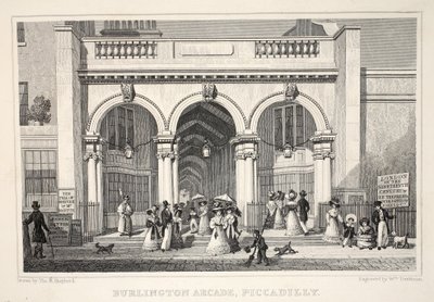 Burlington Arcade, Piccadilly, do pub "London and its Environs in the 19th Century". Jones und Co., 1827-1829 de Thomas Hosmer Shepherd