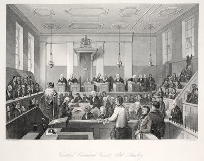 Corte Criminal Central no Old Bailey, do pub "London Interiors with Costumes and Ceremonies". Joseph Mead, Londres, c.1843 (gravura em aço) de Thomas Hosmer Shepherd