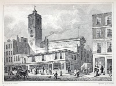Igreja de St Dionis, Backchurch, de "Londres e é Environs no décimo nono século" pub. Jones und Co., 1827-1829 de Thomas Hosmer Shepherd
