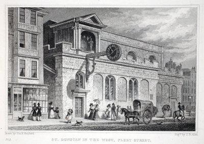 Igreja de St Dunstan, no oeste, Fleet Street, do pub "London and its Environs in the 19th Century". Jones und Co., 1827-1829 de Thomas Hosmer Shepherd