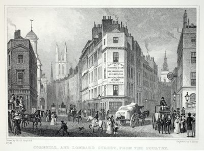 Cornill e Lombard Steet, do Poultry, do pub "London and its Environs in the 19th Century". Jones und Co., 1827-1829 de Thomas Hosmer Shepherd