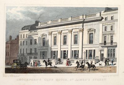 Crockfords Club House, St. James Street. Bar. 1828 (gravura colorida à mão) de Thomas Hosmer Shepherd