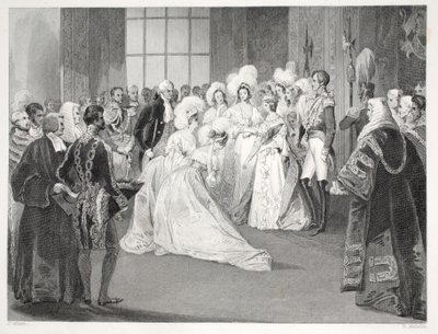 Sala de estar da Rainha Vitória, do pub &39;London Interiors with their Costumes and Ceremonies&39;. Joseph Mead, Londres, c.1843 (gravura em aço) de Thomas Hosmer Shepherd