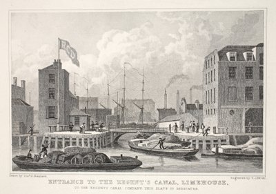 Entrada para o Regent&39;s Canal, Limehouse, do pub "London and its Environs in the 19th Century". Jones und Co., 1827-1829 de Thomas Hosmer Shepherd