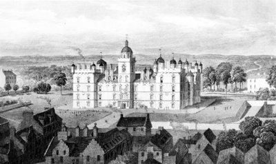 Hospital de Heriot, da Colina do Castelo, gravado por William Watkins, c.1830 de Thomas Hosmer Shepherd