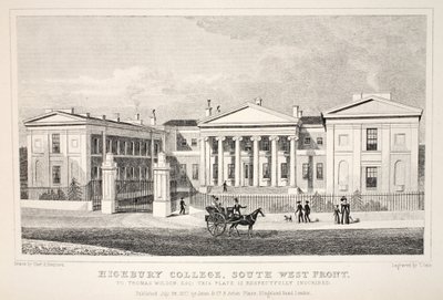 Highbury College, South West Front, do pub "London and its Environs in the 19th Century". Jones und Co., 1827-1829 de Thomas Hosmer Shepherd