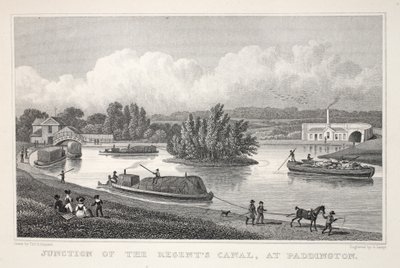 Junção do Regent&39;s Canal em Paddington, do pub "London and its Environs in the 19th Century". Jones und Co., 1827-1829 de Thomas Hosmer Shepherd