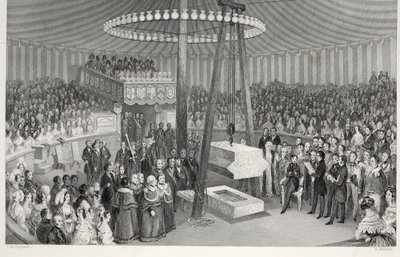 Colocando a primeira pedra do New Royal Exchange, do pub "London Interiors with Costumes and Ceremonies". Joseph Mead, Londres, c.1843 (gravura em aço) de Thomas Hosmer Shepherd