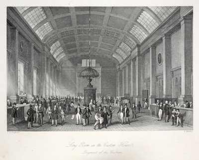 Long Room na Custom-House, do pub "London Interiors with Costumes and Ceremonies". Joseph Mead, Londres, c.1843 (gravura em aço) de Thomas Hosmer Shepherd