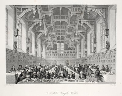 Middle Temple Hall, do pub "London Interiors with their Costumes and Ceremonies". Joseph Mead, Londres, c.1843 (gravura em aço) de Thomas Hosmer Shepherd