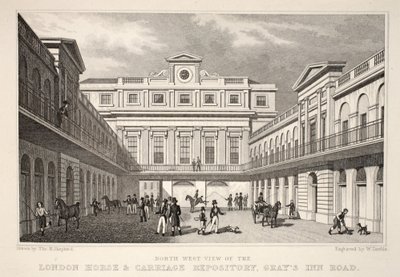 NW Vista do London Horse and Carriage Repository, na Gray&39;s Inn Road, do pub "Londres e seus arredores no século XIX". Jones und Co., 1827-1829 de Thomas Hosmer Shepherd