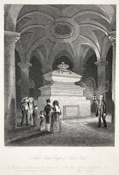 Túmulo de Nelson na Cripta de São Paulo, do pub "Interiores de Londres com suas fantasias e cerimônias". Joseph Mead, Londres, c.1843 (gravura em aço) de Thomas Hosmer Shepherd