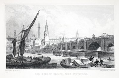 Old London Bridge, de Southwark, do pub "London and its Environs in the 19th Century". Jones und Co., 1827-1829 de Thomas Hosmer Shepherd