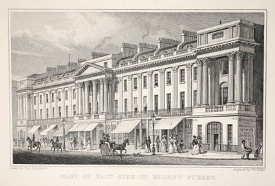 Parte do East Side da Regent Street, do pub "London and its Environs in the 19th Century". Jones und Co., 1827-1829 de Thomas Hosmer Shepherd