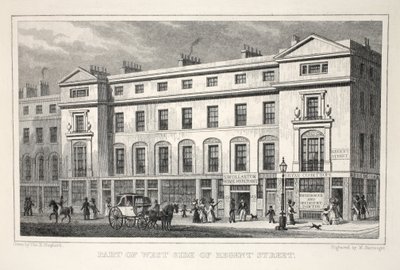 Parte do West Side da Regent Street, do pub "London and its Environs in the 19th Century". Jones und Co., 1827-1829 de Thomas Hosmer Shepherd