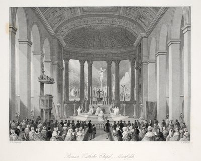Capela católica romana, Moorfields, do pub "London Interiors with their Costumes and Ceremonies". Joseph Mead, Londres, c.1843 (gravura em aço) de Thomas Hosmer Shepherd