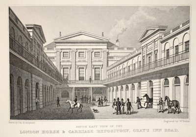 SE Vista do London Horse and Carriage Repository, a Gray&39;s Inn Road, do pub "Londres e seus arredores no século XIX". Jones und Co., 1827-1829 de Thomas Hosmer Shepherd