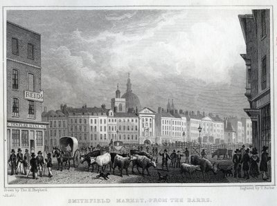Mercado de Smithfield do Barrs, gravado por Thomas Barber, c.1830 de Thomas Hosmer Shepherd