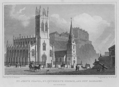Capela de São João, Igreja de São Cuthbert e Nova Caserna, Edimburgo (gravura) de Thomas Hosmer Shepherd