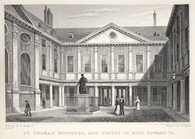 O hospital de St Thomas e a estátua do rei Edward VI, do pub "Londres e seus arredores no século XIX". Jones und Co., 1827-1829 de Thomas Hosmer Shepherd