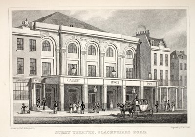 Surry Theatre, Blackfriars Road, do pub "London and its Environs in the 19th Century". Jones und Co., 1827-1829 de Thomas Hosmer Shepherd
