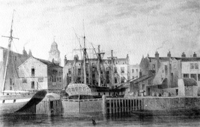 The Gun Dock em Wapping, 1850 (caneta, tinta e papel) de Thomas Hosmer Shepherd