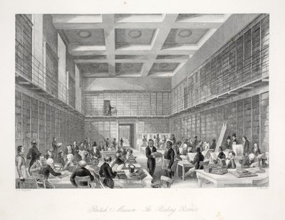 A Sala de Leitura e a Biblioteca do British Museum, do pub "London Interiors with Costumes and Ceremonies". Joseph Mead, Londres, c.1843 (gravura em aço) de Thomas Hosmer Shepherd
