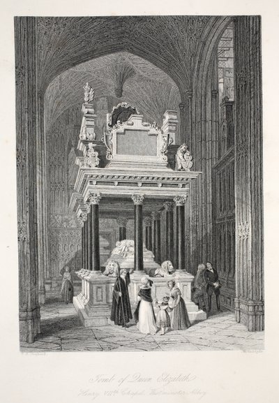Túmulo da rainha Elizabeth I, do pub "London Interiors with Costumes and Ceremonies". Joseph Mead, Londres, c.1843 (gravura em aço) de Thomas Hosmer Shepherd