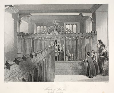 Torre de Londres, o Crown Jewel Room, do pub "London Interiors with their Costumes and Ceremonies". Joseph Mead, Londres, c.1843 (gravura em aço) de Thomas Hosmer Shepherd
