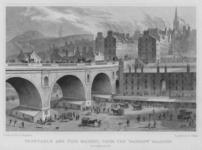 Mercado de Legumes e Peixes, da Galeria Arco-Íris, Edimburgo (gravura) de Thomas Hosmer Shepherd