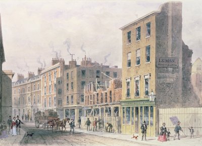 Veja na Threadneedle Street, puxando para baixo para melhorias, Merchant Taylors, Hall ou Alderman Moon Print Shop na esquina da Finch Lane de Thomas Hosmer Shepherd