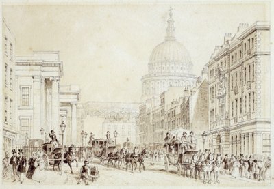Vista de St. Martin&39;s le Grand e da antiga General Post Office, c.1830 (caneta e tinta, lápis e papel) de Thomas Hosmer Shepherd