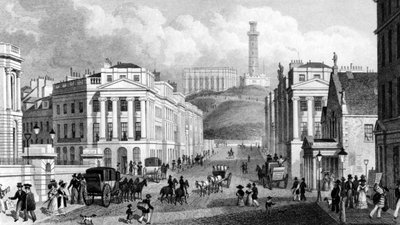 Waterloo Place, The National e Nelson&39;s Monuments e Calton Hill, Edimburgo, gravados por Thomas Barber, 1829 de Thomas Hosmer Shepherd