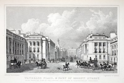 Waterloo Place, e parte da Regent Street, do pub "London and its Environs in the 19th Century". Jones und Co., 1827-1829 de Thomas Hosmer Shepherd