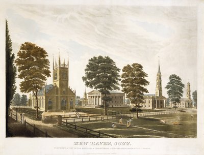 New Haven, Connecticut. Compreendendo uma vista das igrejas episcopais e presbiterianas, State House e Yale College de Thomas Illman