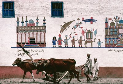 O mural pintado na parede de estuque de uma quinta em Luxor comemora o conde do agricultor... de Thomas J. Abercrombie
