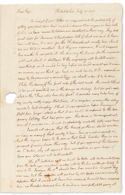 Carta de autógrafos para John Page, Filadélfia, 30 de julho de 1776 de Thomas Jefferson
