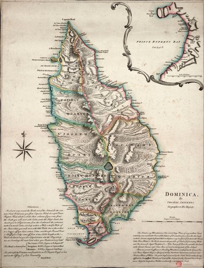 Mapa a cores da Domínica com observações geográficas pormenorizadas, c.1760 (gravura a cores) de Thomas Jefferys
