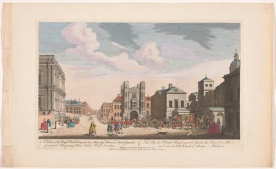 Gezicht op het Banqueting House no Horse Guards Building te Londen Uma vista dos edifícios reais, para guardas a cavalo e a pé de Sua Majestade, em frente ao Banqueting House White Hall, Londres (título no objeto) de Thomas Jefferys
